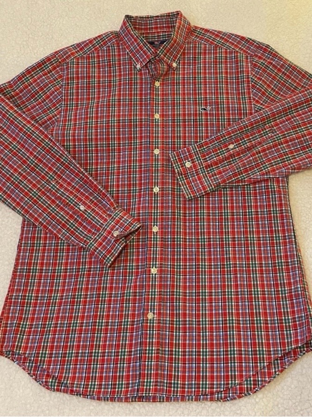 Vineyard Vines Button Down Dress Shirt Classic Mens Large Red Tartan Plaid Whale